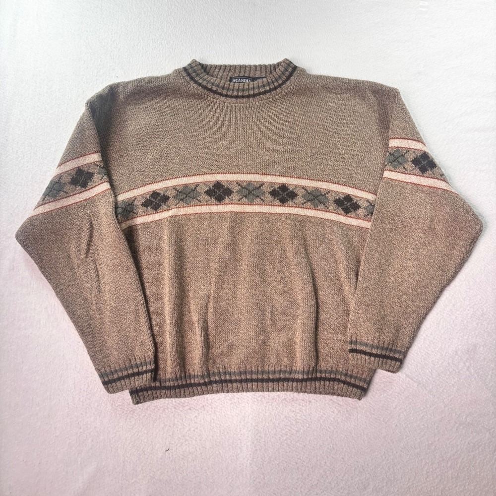 Scandia Made in USA Crewneck Sweater L Wool Blend Nordic Fair Isle Brown Vintage